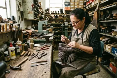 Profissional consertando o zíper de uma bota, focando nas ferramentas e no trabalho.