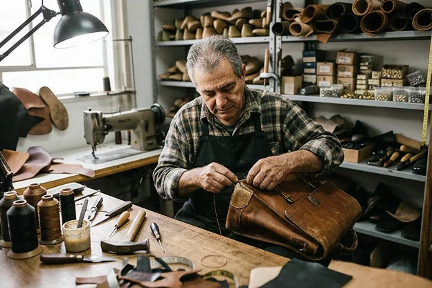 Sapateiro reformando bolsa de couro, evidenciando o cuidado no reparo.