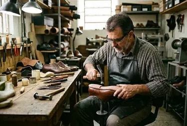 Profissional reformando sapato social, mostrando detalhes do processo.