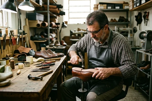 Profissional reformando sapato social, mostrando detalhes do processo.
