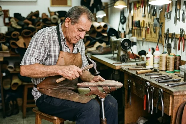 Sapateiro consertando sandália, mostrando o processo de reparo.