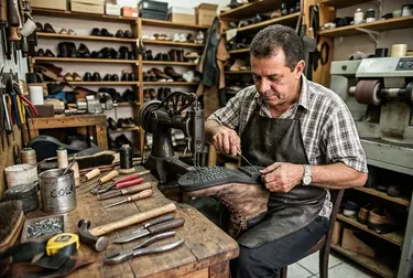 Profissional trocando o solado de um sapato, mostrando as ferramentas de sapateiro.
