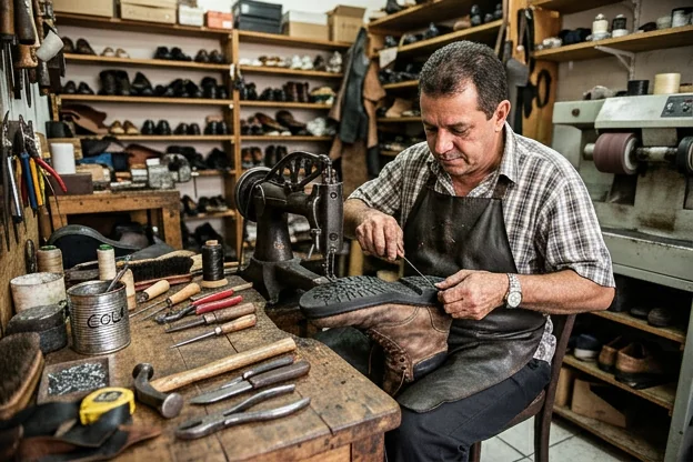 Profissional trocando o solado de um sapato, mostrando as ferramentas de sapateiro.